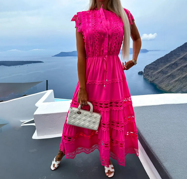 Women's Boho Solid Lace Flying Sleeve Turn Down Collar Maxi Dress Summer